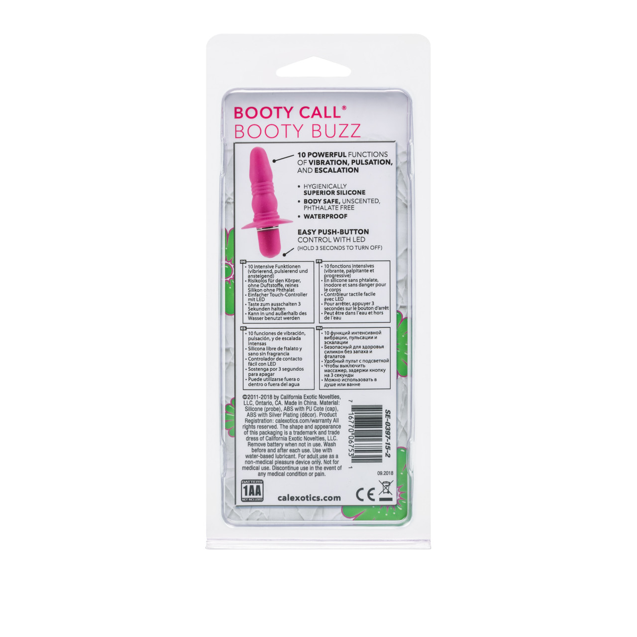 Booty Call Booty Buzz Pink Anal Probe from California Exotic Novelties. The Booty Call Booty Buzz is a self contained premium Silicone probe measuring 3 inches long and 1 inch wide and featuring 10 amazing pleasure settings all operated from one simple pu