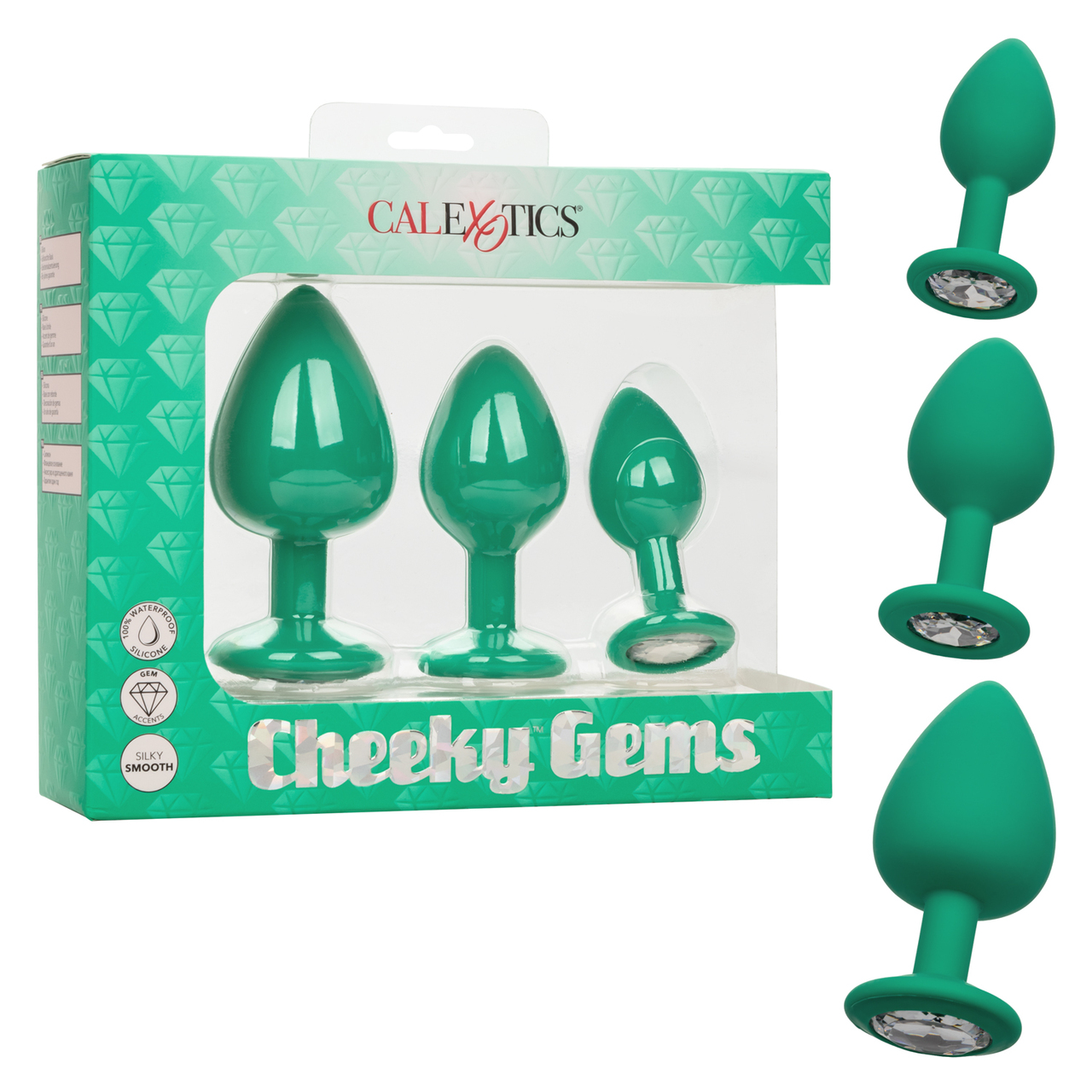 Cheeky Gems 3 Piece Set Green Anal Plugs from California Exotic Novelties. Open yourself up to the fabulously frisky world of back door pleasure with the Cheeky Gems. The glamorous anal training kit includes a set of 3 graduated anal plugs with a gem base