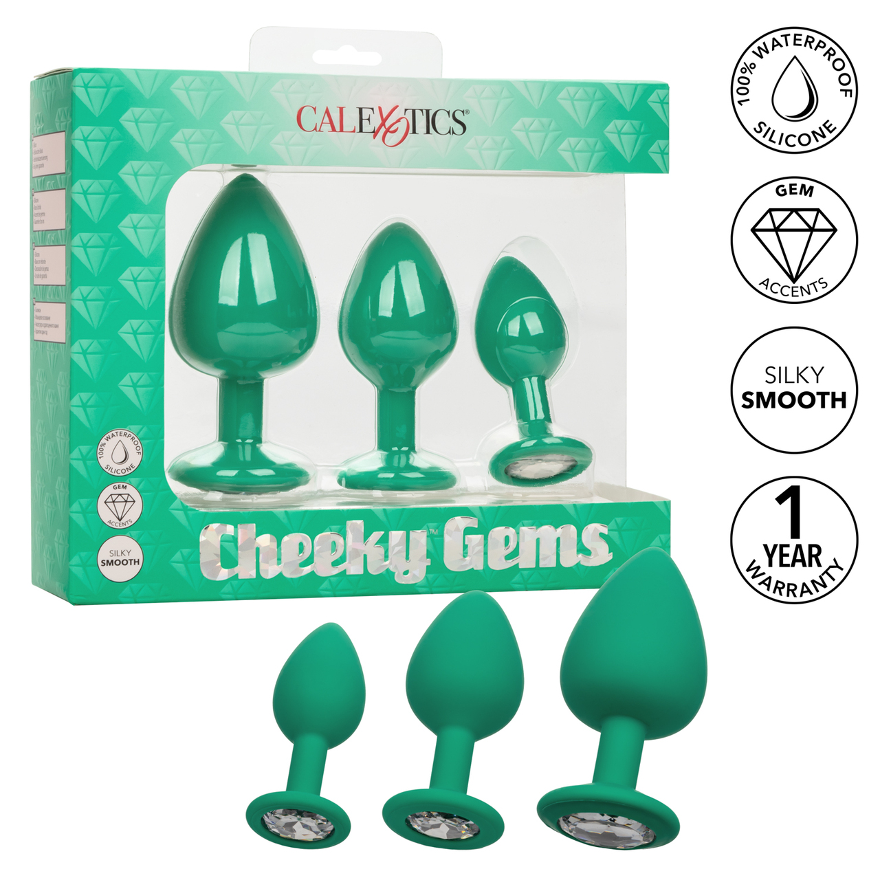 Cheeky Gems 3 Piece Set Green Anal Plugs from California Exotic Novelties. Open yourself up to the fabulously frisky world of back door pleasure with the Cheeky Gems. The glamorous anal training kit includes a set of 3 graduated anal plugs with a gem base