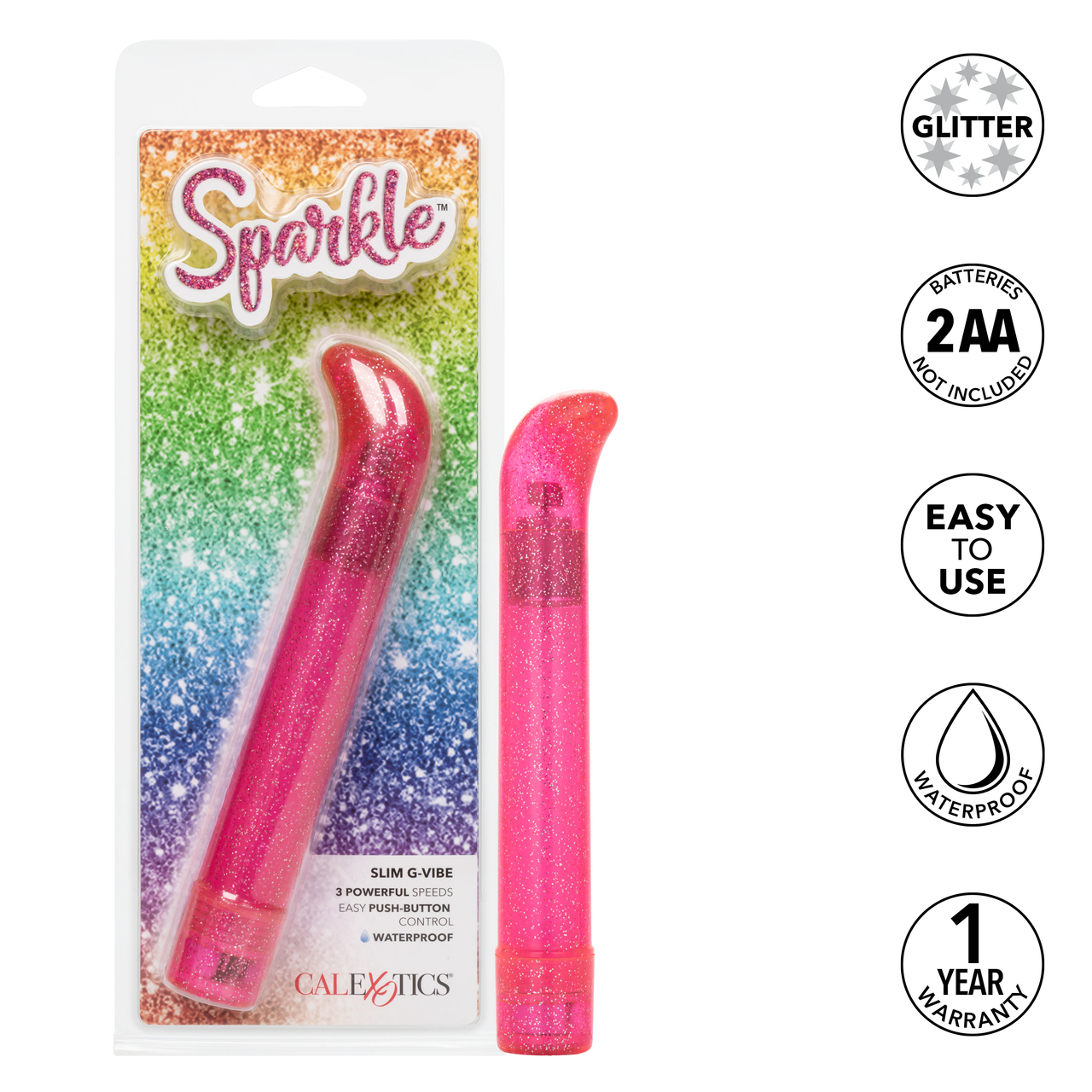 Sparkle Slim G-Vibe Pink Hard Vibrator from California Exotic Novelties. Indulge in dazzling pleasure with the Sparkle Slim G Vibe