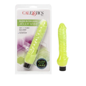 Glow In The Dark Jelly Penis Vibrator Green Playful Dong from California Exotic Novelties 7 inches is a multiple speed vibrating jelly dildo. Power packed! The Glow In The Dark Jelly Penis Vibrator is the perfect pleasure tool to use after dark. The power