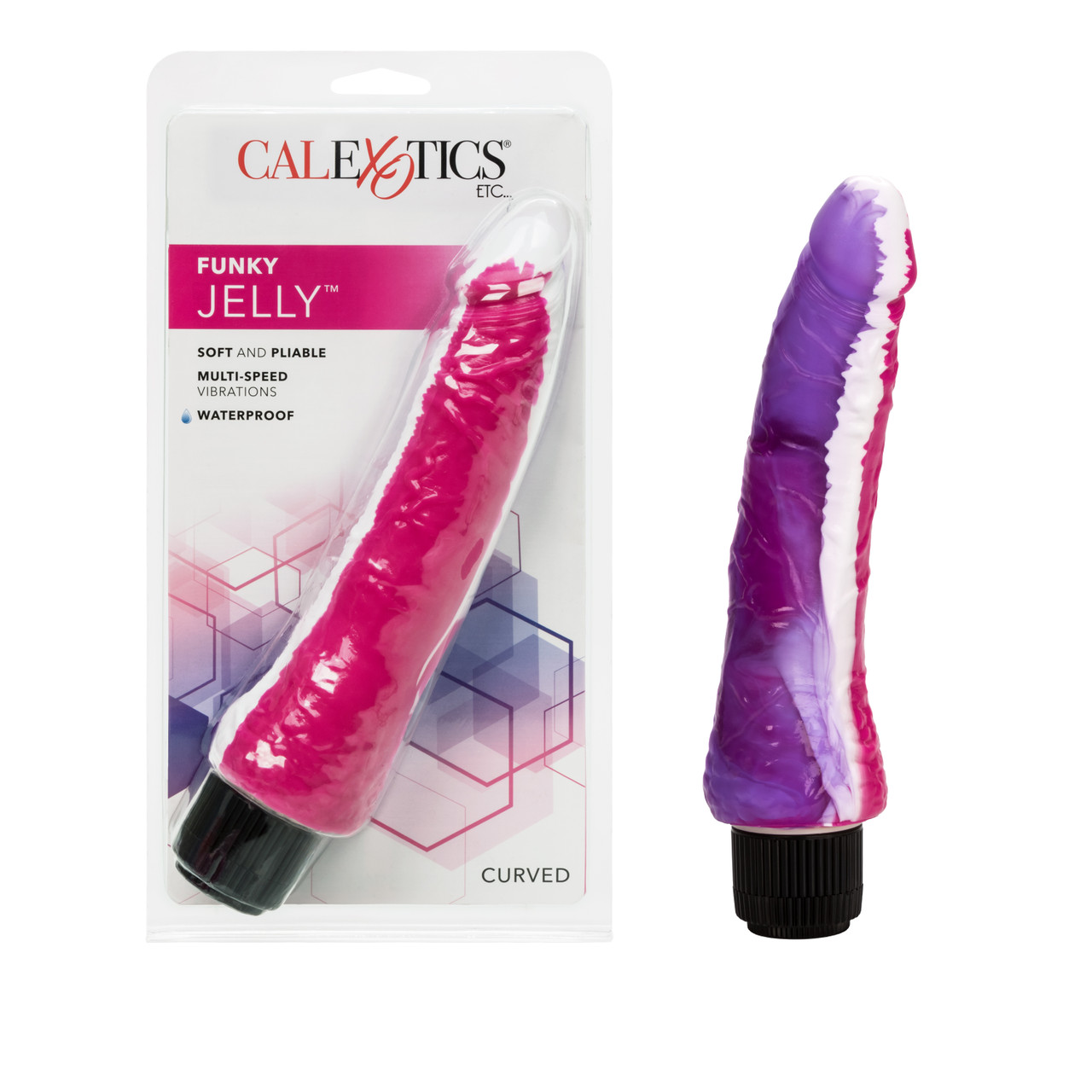 Funky Jelly Vibe 7.5 inches Pink Purple from California Exotic Novelties is one of the most unique sex toys out there! The Funky Jelly Vibe is a super soft and pliable multi-speed stimulator that is perfect for intimate solo fun. Use the battery operated