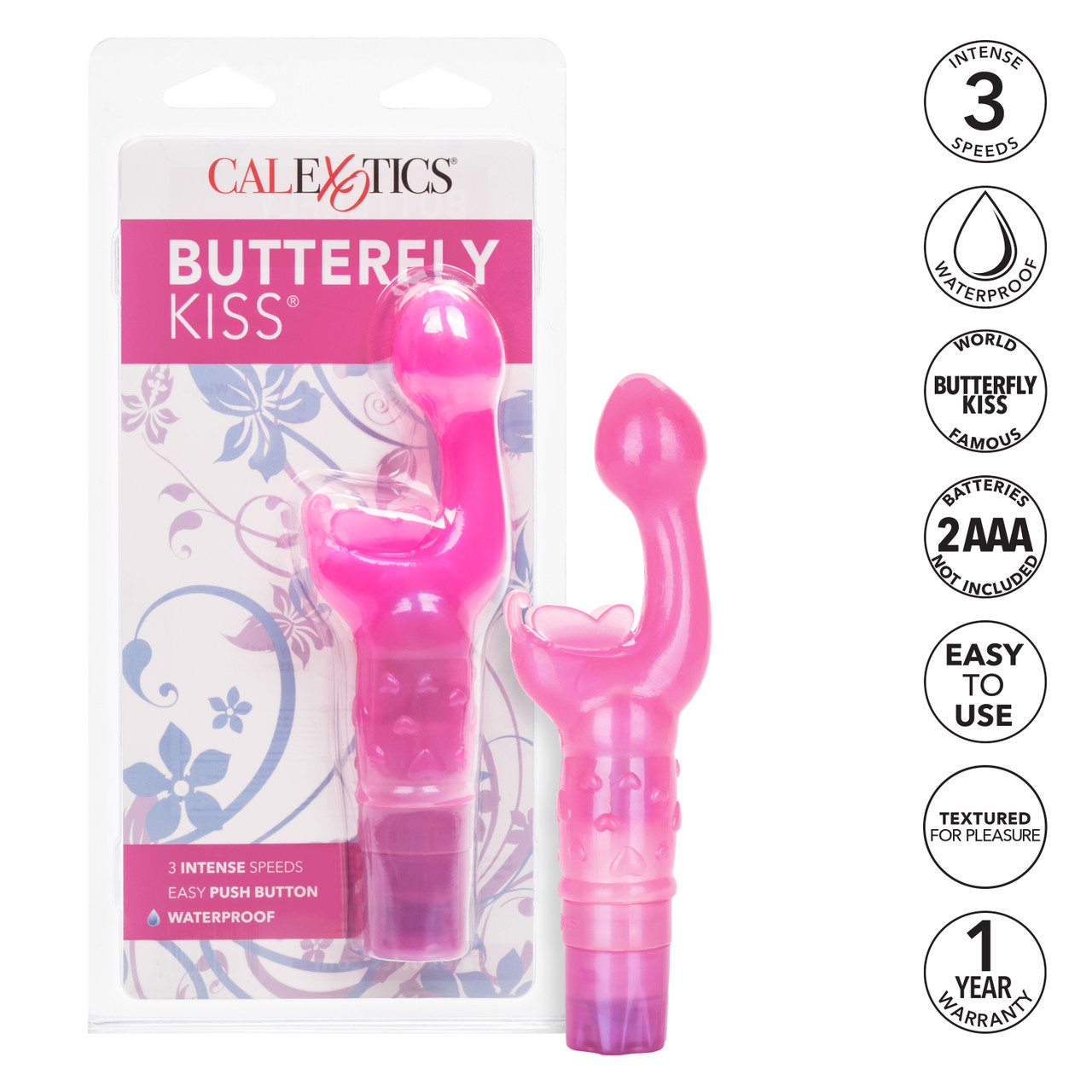 Butterfly Kiss Pink Vibrator from Cal Exotics. The ultra feminine Butterfly Kiss is the ultimate sensual pleasure tool for her. The multi-speed