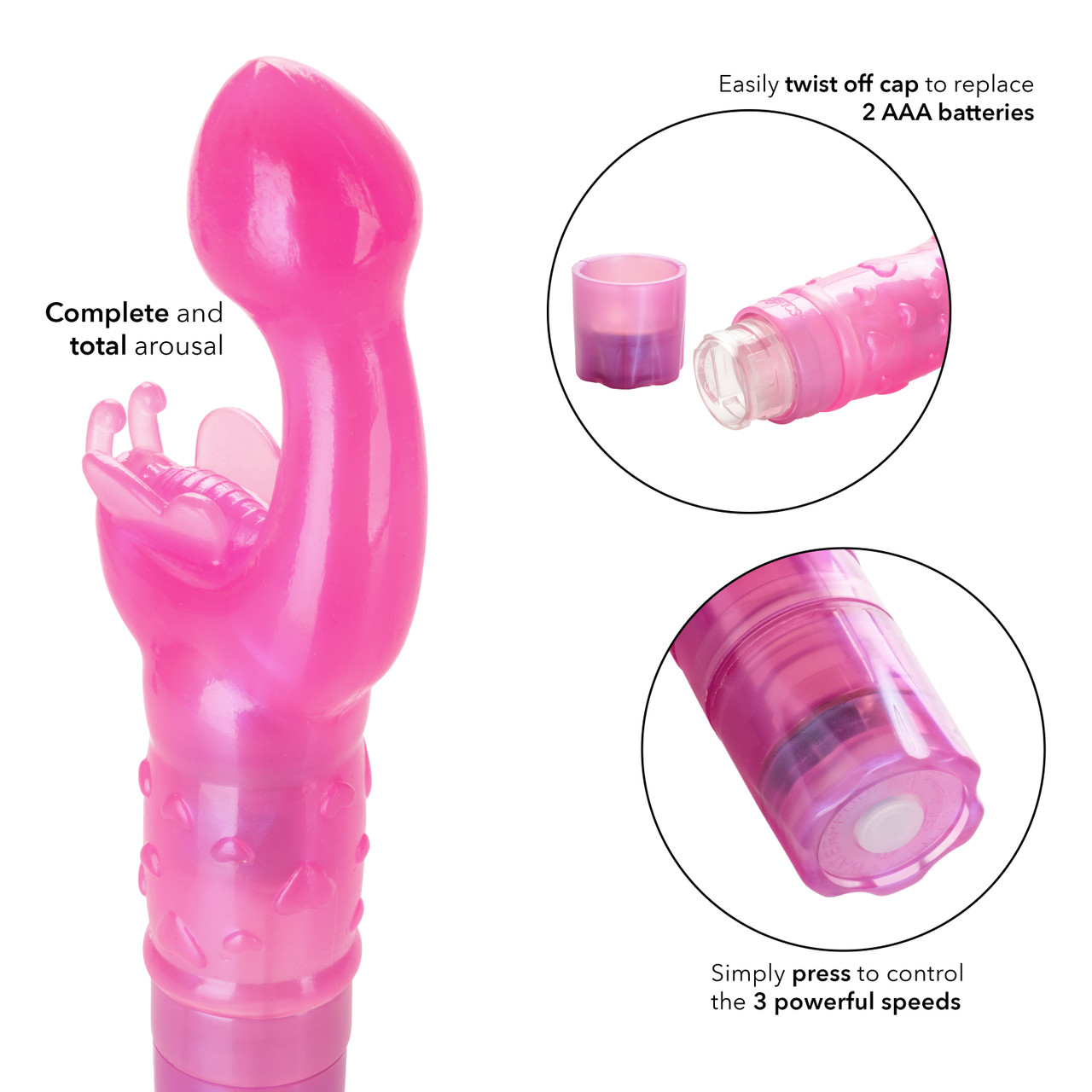 Butterfly Kiss Pink Vibrator from Cal Exotics. The ultra feminine Butterfly Kiss is the ultimate sensual pleasure tool for her. The multi-speed
