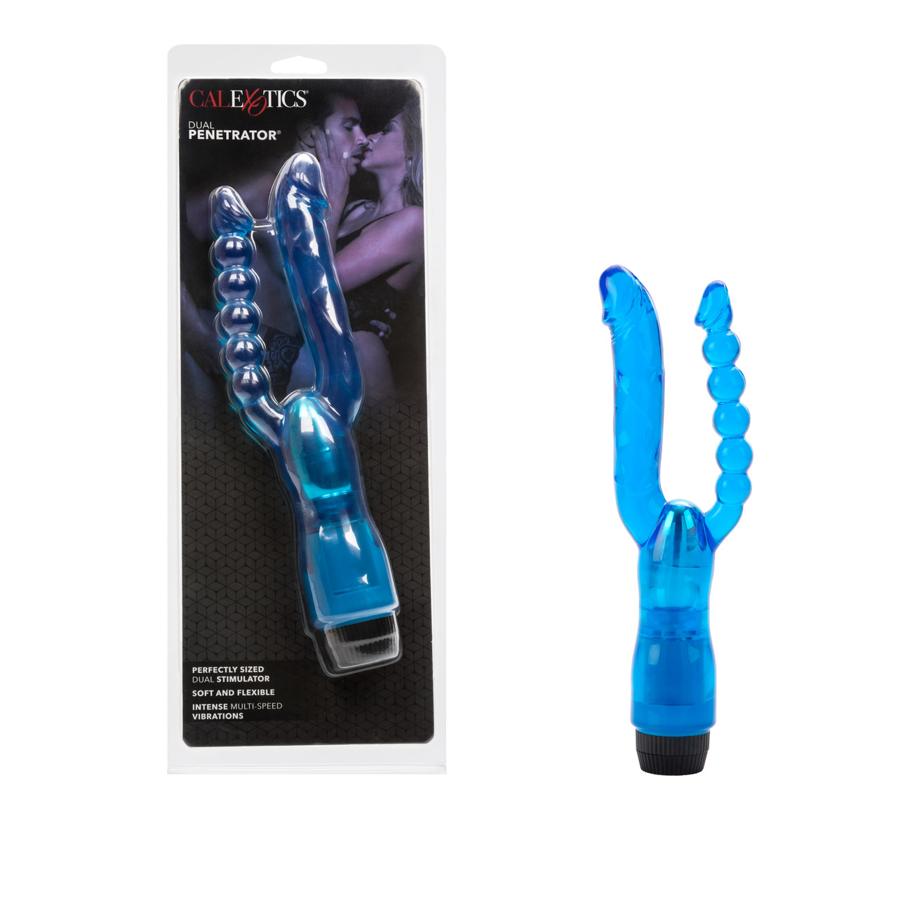 Dual Penetrator Blue Vibrator from California Exotic Novelties. Enjoy double the arousal and ecstasy with the power packed Dual Penetrator Vibrator. This pliable and flexible multi-speed vibe boasts Dual curved Penetrators for the ultimate vaginal and ana