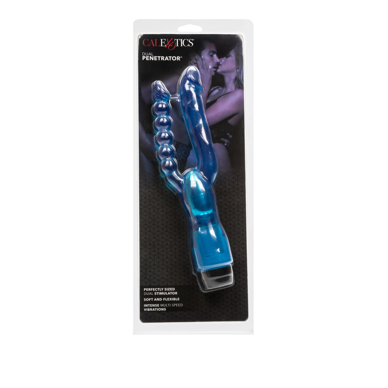 Dual Penetrator Blue Vibrator from California Exotic Novelties. Enjoy double the arousal and ecstasy with the power packed Dual Penetrator Vibrator. This pliable and flexible multi-speed vibe boasts Dual curved Penetrators for the ultimate vaginal and ana