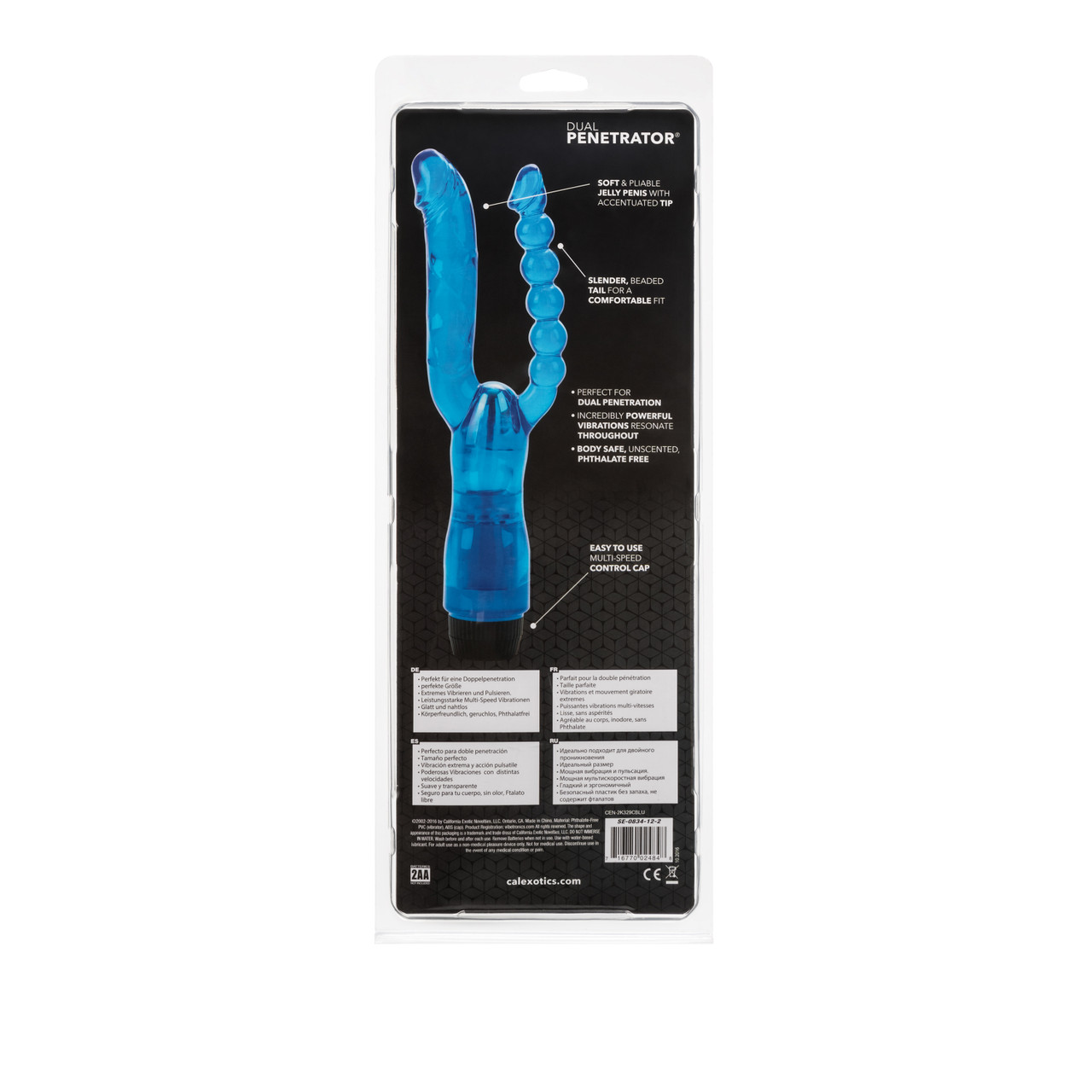 Dual Penetrator Blue Vibrator from California Exotic Novelties. Enjoy double the arousal and ecstasy with the power packed Dual Penetrator Vibrator. This pliable and flexible multi-speed vibe boasts Dual curved Penetrators for the ultimate vaginal and ana