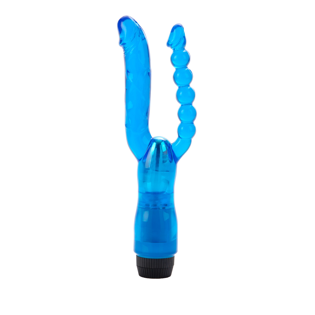 Dual Penetrator Blue Vibrator from California Exotic Novelties. Enjoy double the arousal and ecstasy with the power packed Dual Penetrator Vibrator. This pliable and flexible multi-speed vibe boasts Dual curved Penetrators for the ultimate vaginal and ana