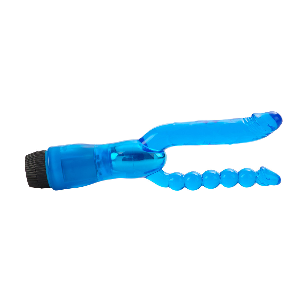 Dual Penetrator Blue Vibrator from California Exotic Novelties. Enjoy double the arousal and ecstasy with the power packed Dual Penetrator Vibrator. This pliable and flexible multi-speed vibe boasts Dual curved Penetrators for the ultimate vaginal and ana