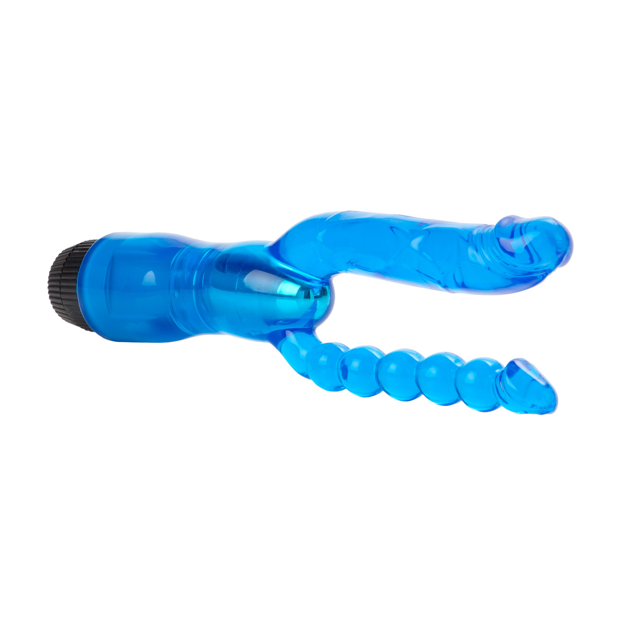 Dual Penetrator Blue Vibrator from California Exotic Novelties. Enjoy double the arousal and ecstasy with the power packed Dual Penetrator Vibrator. This pliable and flexible multi-speed vibe boasts Dual curved Penetrators for the ultimate vaginal and ana