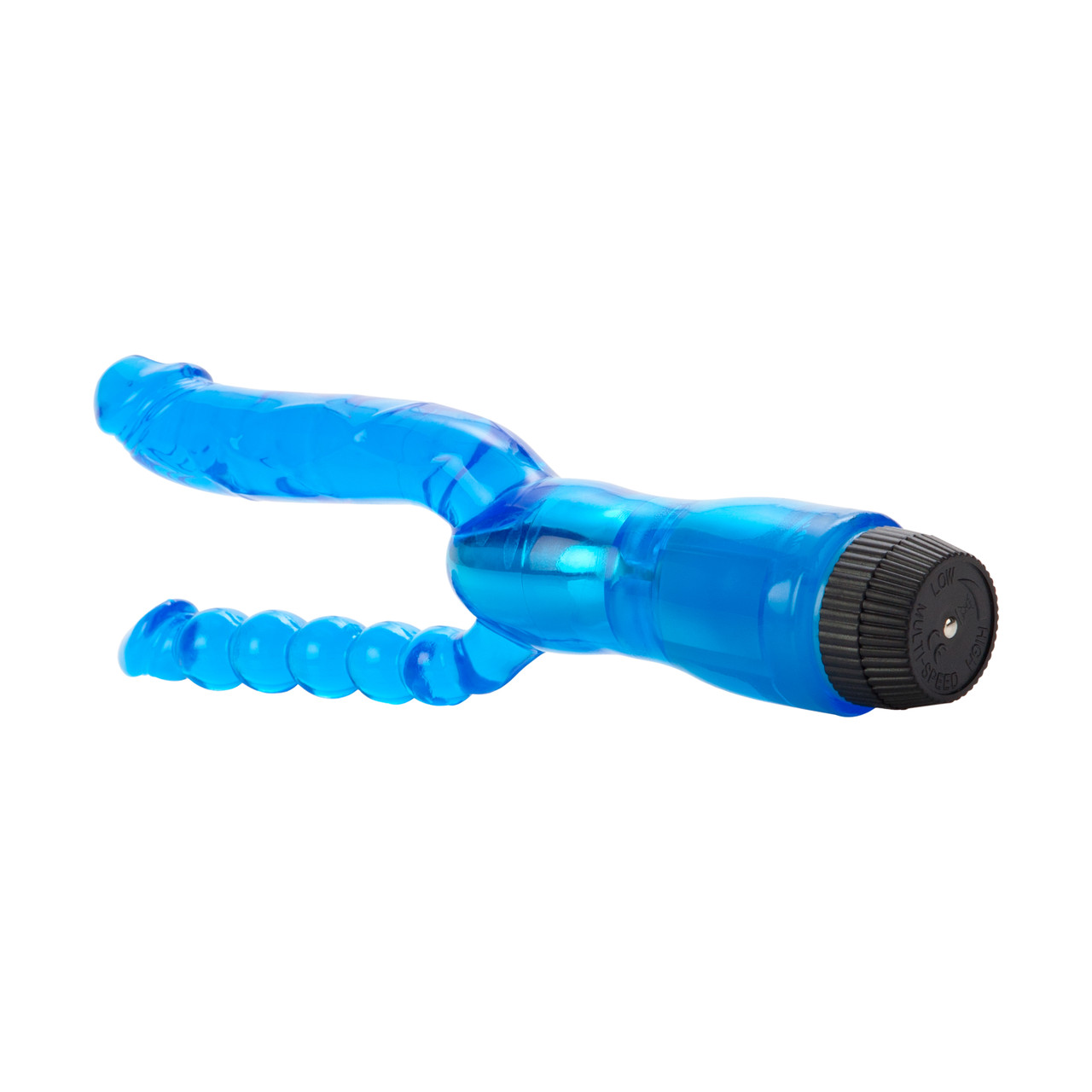 Dual Penetrator Blue Vibrator from California Exotic Novelties. Enjoy double the arousal and ecstasy with the power packed Dual Penetrator Vibrator. This pliable and flexible multi-speed vibe boasts Dual curved Penetrators for the ultimate vaginal and ana