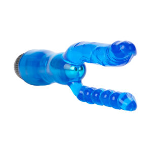Dual Penetrator Blue Vibrator from California Exotic Novelties. Enjoy double the arousal and ecstasy with the power packed Dual Penetrator Vibrator. This pliable and flexible multi-speed vibe boasts Dual curved Penetrators for the ultimate vaginal and ana