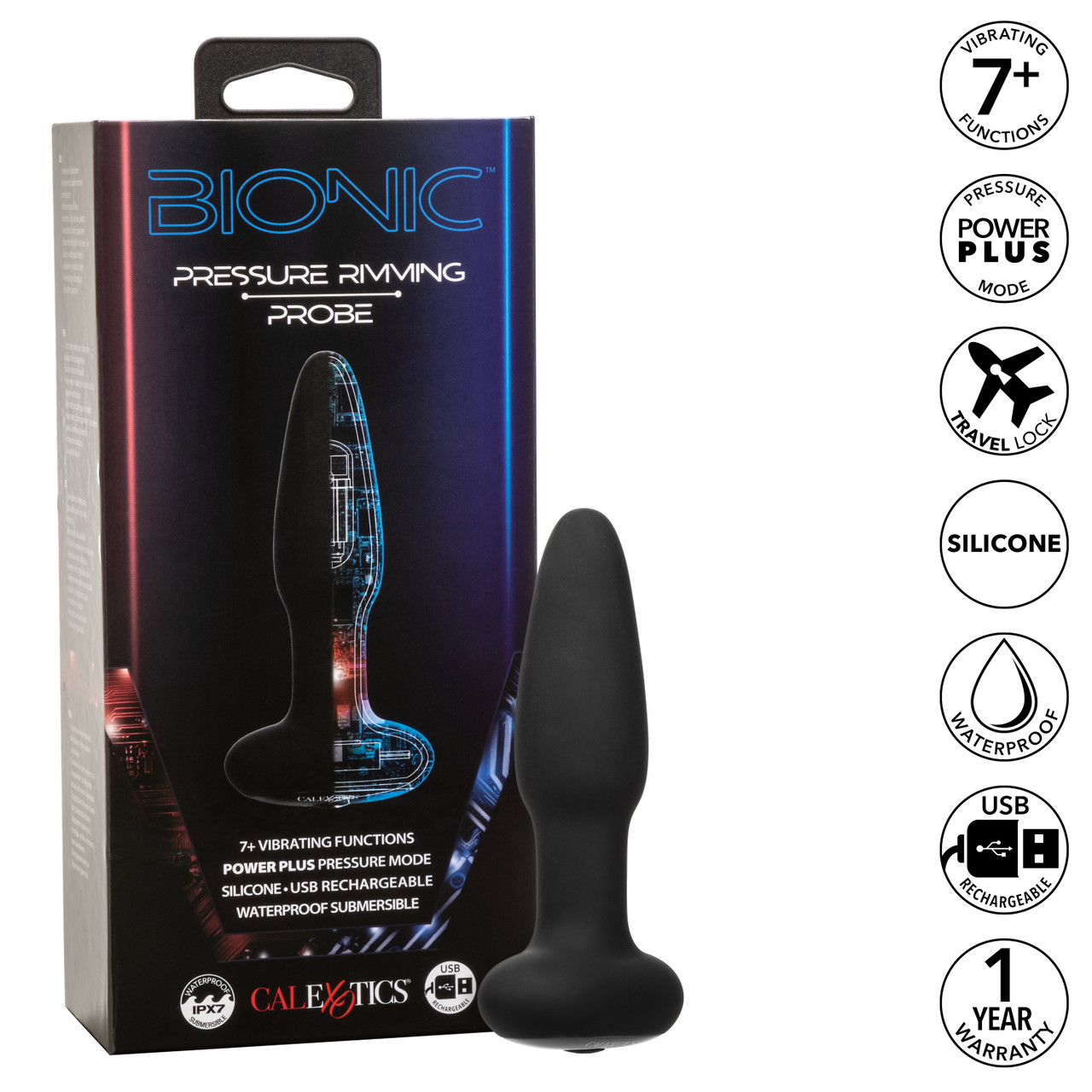 Bionic Pressure Rimming Probe from California Exotic Novelties. Ride the waves of ecstasy towards uncharted territories of pleasure with the Cal Exotics Bionic Pressure Rimming Probe. The 7 plus functions of intense vibration are paired with a sleek subme