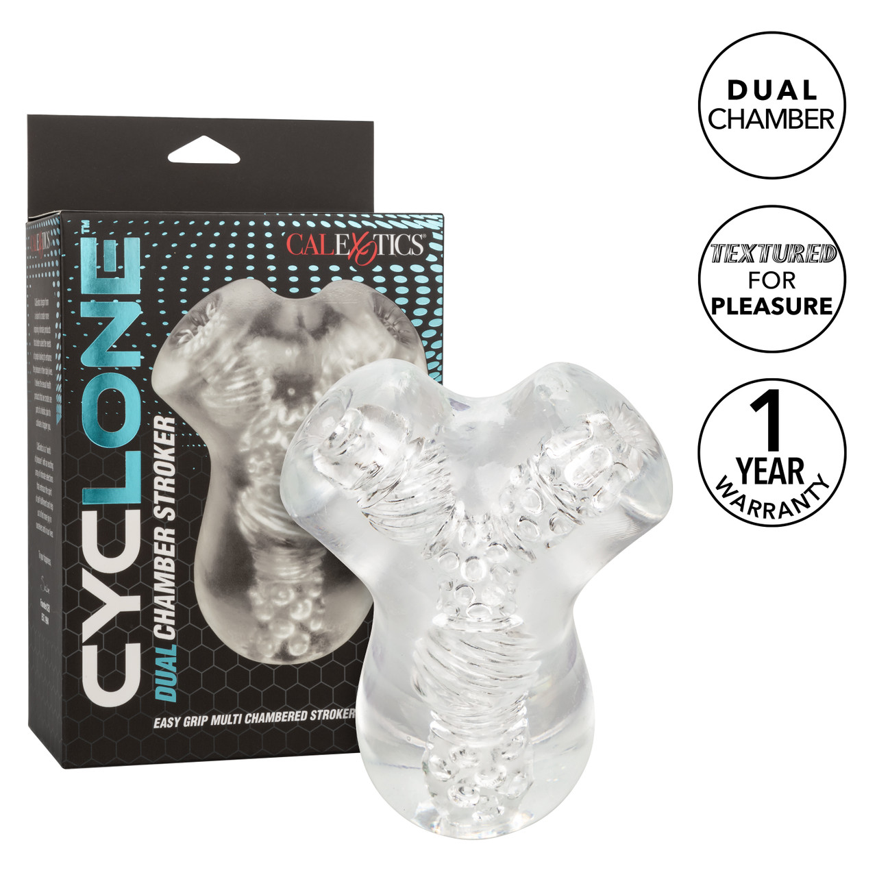 Cyclone Dual Chamber 6 inches Clear Stroker from California Exotic Novelties. Experience unparalleled pleasure with the Cyclone Dual Chamber Stroker. This premium masturbator is designed to take your pleasure to the next level with its innovative features