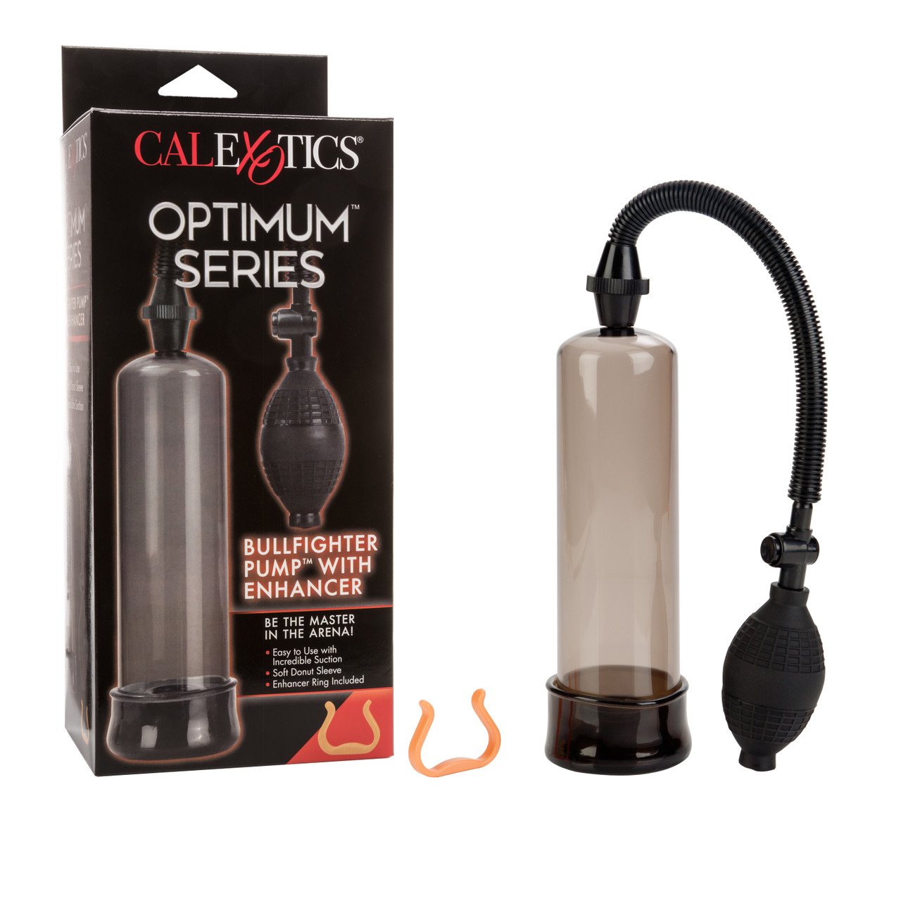 Optimum Series Bullfighter Pump from California Exotic Novelties. Be the master in the arena and Pump up your pleasure with the powerful Bullfighter Pump with Enhancer! This 7.5 inches long and 2 inches wide pleasure Pump is designed to help you reach you