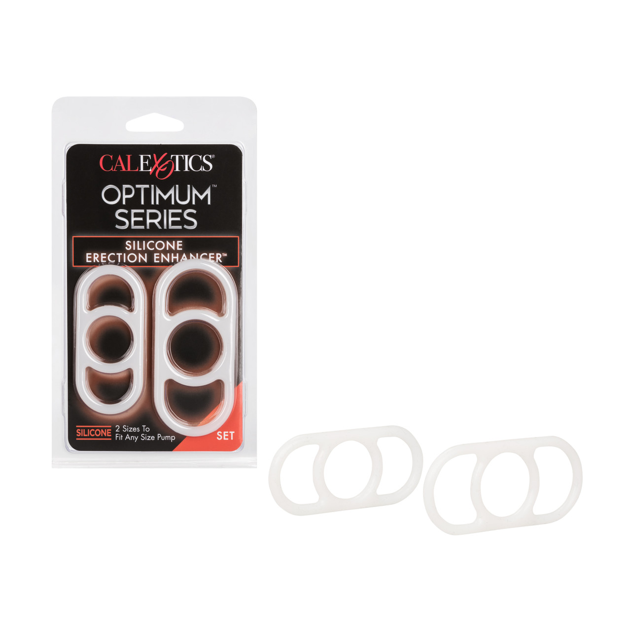 Optimum Series Erection Set Silicone from California Exotic Novelties. Keep your manhood rock hard and ready for anything with these Silicone Erection Enhancers. This set of two Enhancers are designed to slip easily onto your rock hard tool so you can go