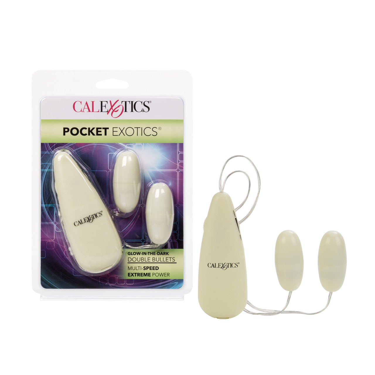 Pocket Exotics Glows In The Dark Double Bullet Vibrators from California Exotic Novelties. What sensations will you find in the dark? Discover new heights of pleasure with our Glow in the Dark Pocket Exotics Vibrating Glowing Double Bullet. In this soft s