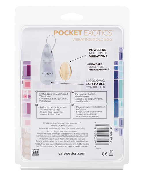 Pocket Exotics Vibrating Gold Egg from California Exotic Novelties features multi-speed vibrations. Our Pocket Exotics Vibrating Gold Egg has a silky smooth Satin Finish and powerful multi-speed vibrating action. Crafted with a Power Controller and ABS Pl
