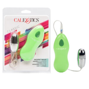Ballistic Silver Bullet Vibrator with Green Power Control Classic from California Exotic Novelties. Elevate your erotic pleasure with the Ballistic Slimline Bullet. The sleek and discreet multi-purpose Bullet Shaped Stimulator boasts 2 speed vibration act