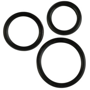 Rubber Ring 3 Piece Set from California Exotic Novelties. Enhance your erotic sensual satisfaction and performance with the sleek and discreet Rubber Ring Black 3 Piece Set. The trio of erection enhancers are easy to use