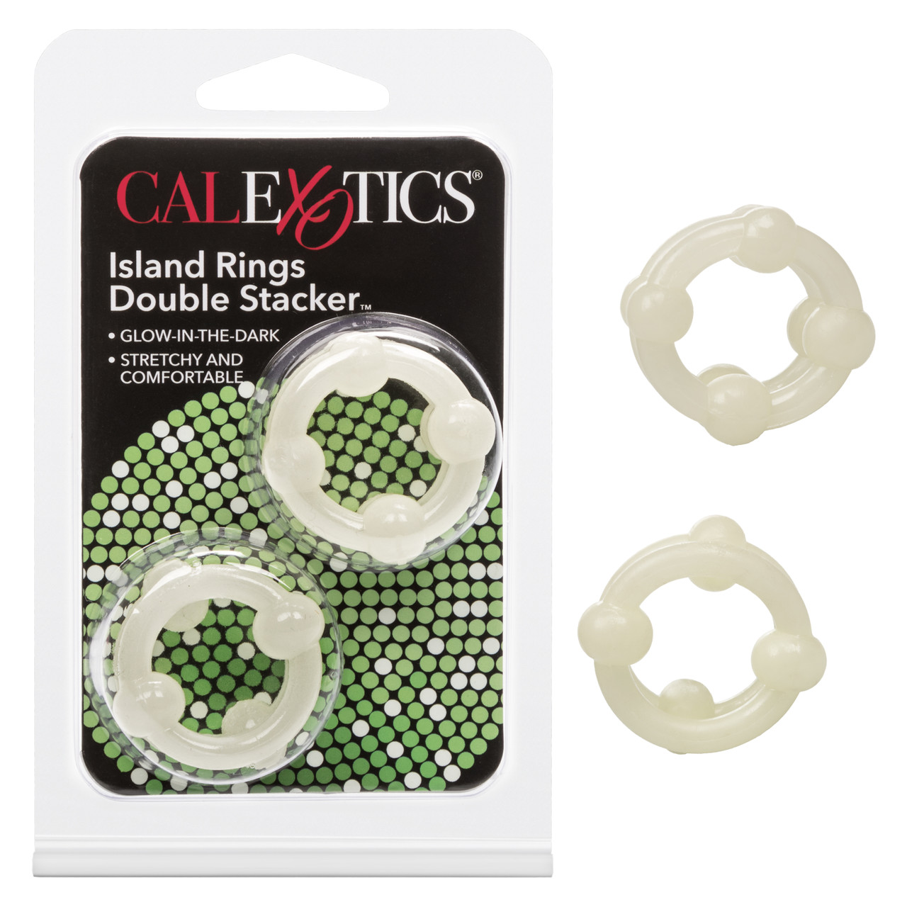 Island Rings Double Stacker Ring Glow in the Dark Double support stretchy Rings from California Exotic Novelties. Enjoy twice the delicious pleasure with the Island Rings Double Stacker. The versatile