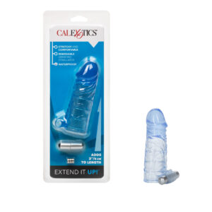 Extend it Up! Vibrating Extension Sleeve Blue from California Exotic Novelties. Extend your pleasure and your penis with the Up! Extend It Up! Vibrating Extension Sleeve. This flexible and comfortable penis enhancer adds an impressive two inches of ecstas