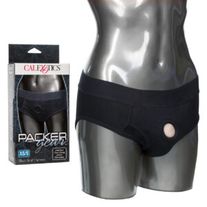 Packer Gear Black Brief Harness XS/S from California Exotic Novelties. The soft and comfortable Packer Gear Black Brief Harness is designed for easy wear and ultimate penetration satisfaction. The hipster cut panty has a fashionable masculine style and in
