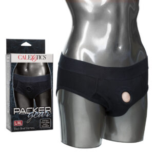 Packer Gear Black Brief Harness L/XL from California Exotic Novelties. The soft and comfortable Packer Gear Black Brief Harness is designed for easy wear and ultimate penetration satisfaction. The hipster cut panty has a fashionable masculine style and in
