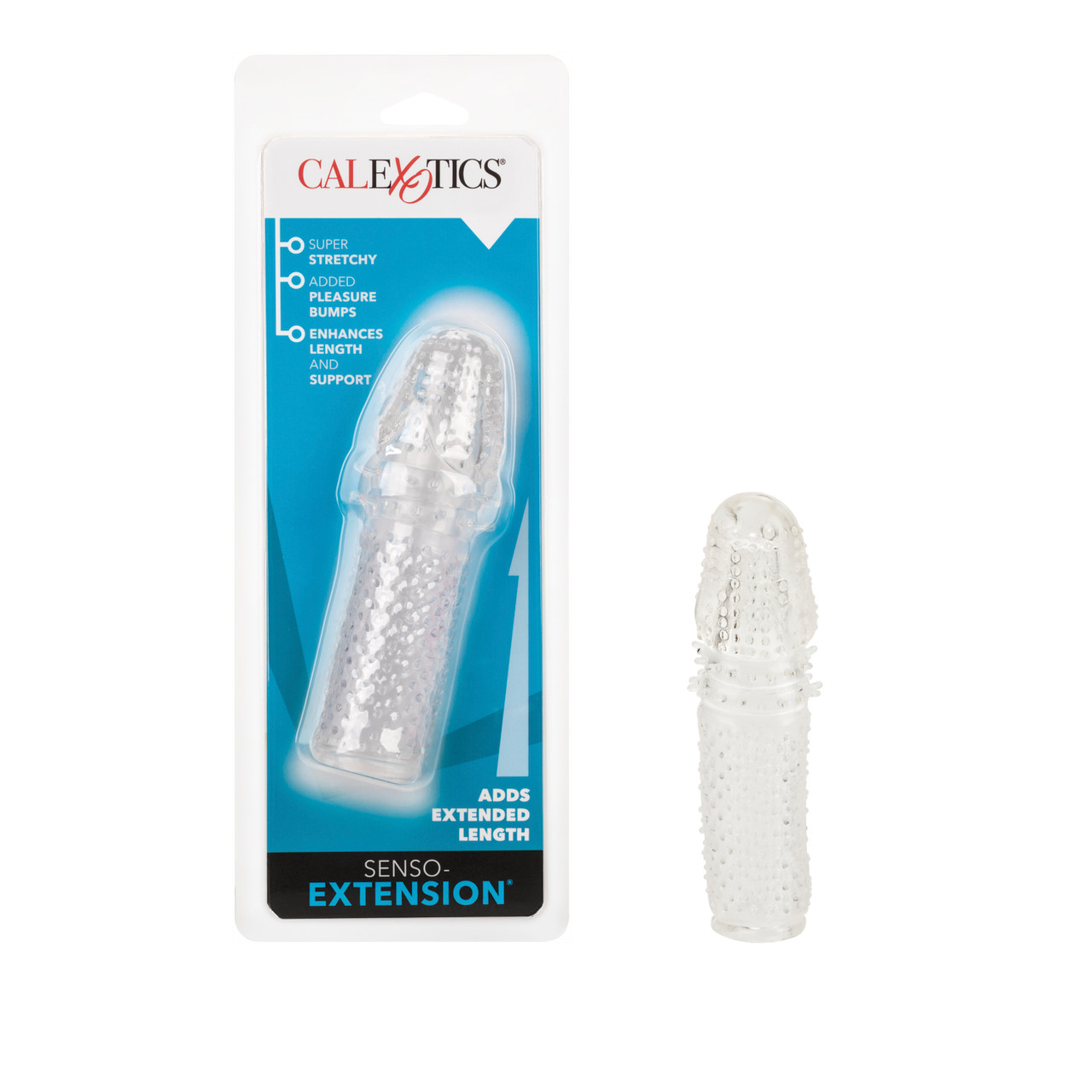Elevate and extend your orgasmic pleasure and performance with the Senso Extension. The textured stimulator sleeve is designed for heightened sensuous seduction and super sized arousal satisfaction. The soft and super stretchy extension sleeve glides on t