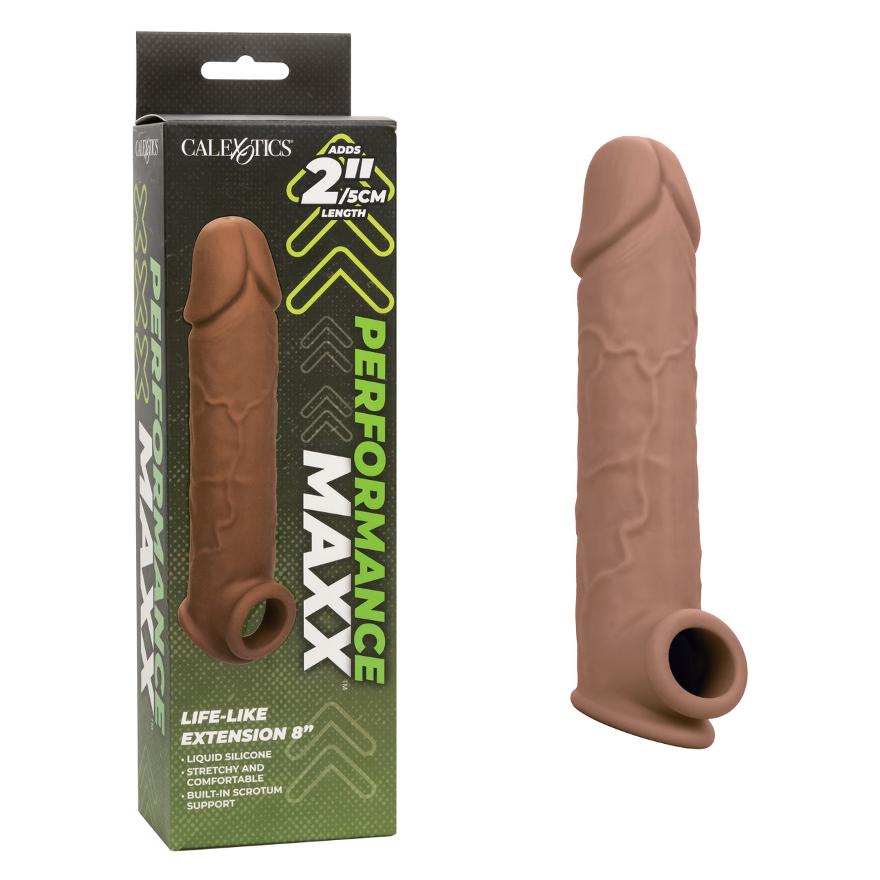Performance Maxx Life Like Penis Extension 8 inches Brown from California Exotic Novelties. Take it to new lengths with the Performance Maxx Life Like Extension 8 inches. The life like Penis Sleeve with Hollow design adds 2 inches to your length for an en