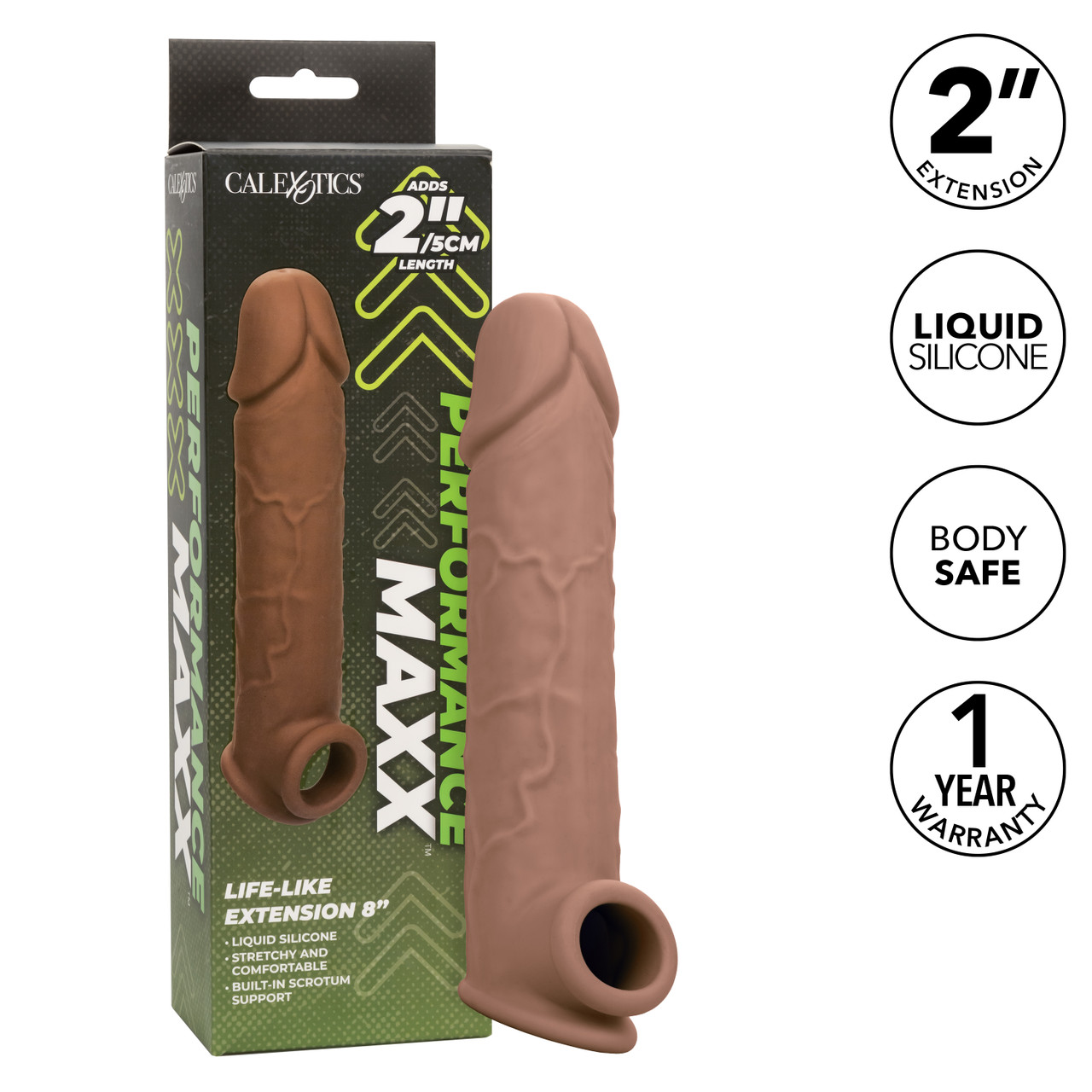 Performance Maxx Life Like Penis Extension 8 inches Brown from California Exotic Novelties. Take it to new lengths with the Performance Maxx Life Like Extension 8 inches. The life like Penis Sleeve with Hollow design adds 2 inches to your length for an en