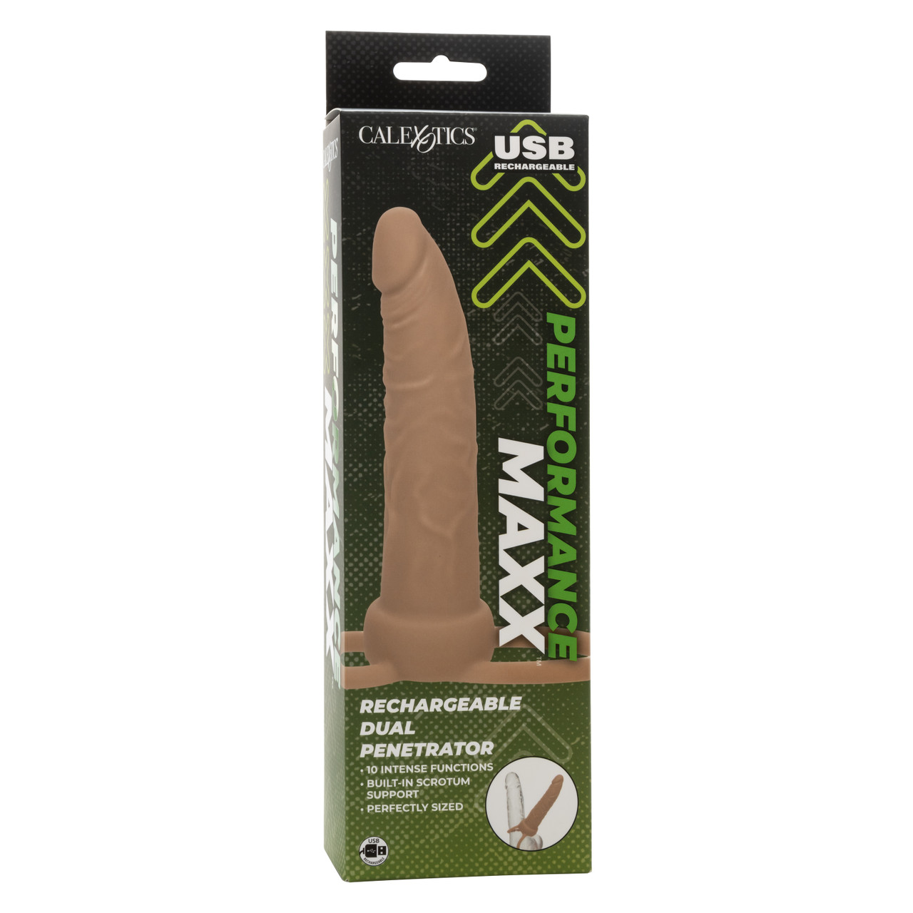 Performance Maxx Rechargeable Dual Penetrator Ivory Beige Light Skin Tone Probe with Cock Rings from California Exotic Novelties. Enjoy erotic double Penetration pleasure with the Performance Maxx Rechargeable Dual Penetrator. The sensually contoured Prob