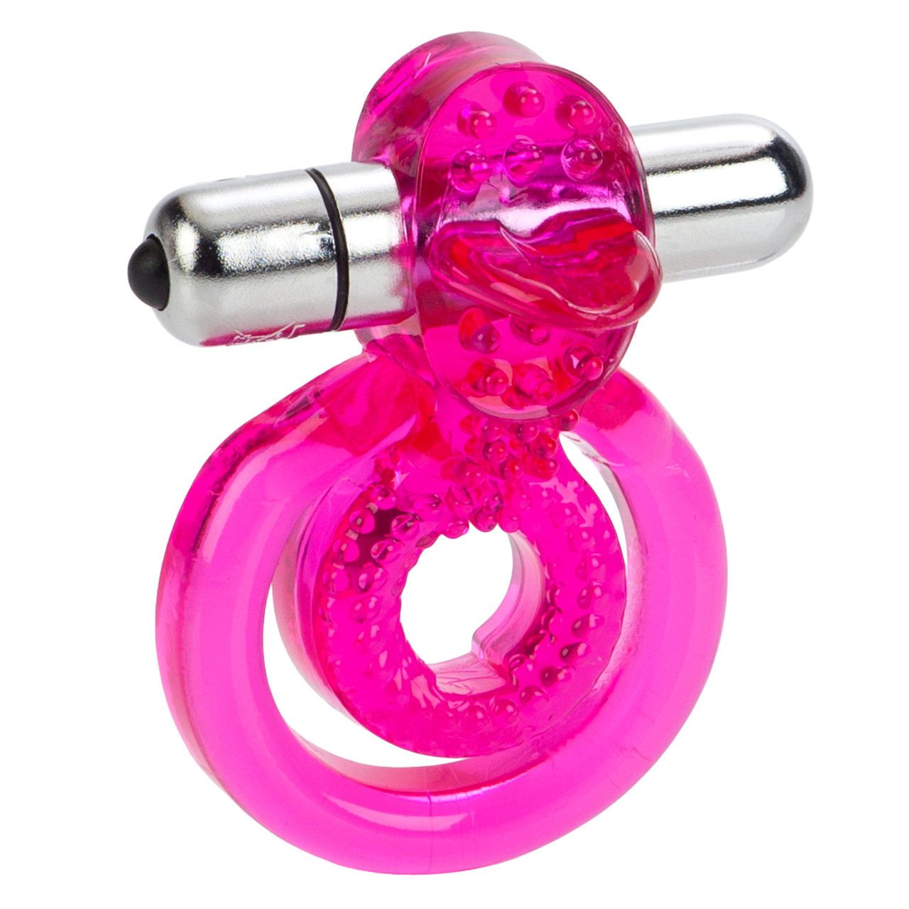 Dual Clit Flicker is a waterproof vibrating cock ring from California Exotic Novelties. Dual support for him plus amazing vibrations and flickering tongue for her. Powerful removable push button stimulator. Soft and stretchy. Uses powerful N size battery