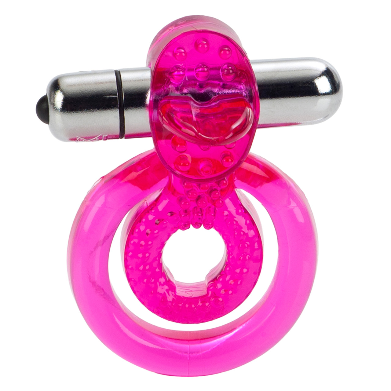 Dual Clit Flicker is a waterproof vibrating cock ring from California Exotic Novelties. Dual support for him plus amazing vibrations and flickering tongue for her. Powerful removable push button stimulator. Soft and stretchy. Uses powerful N size battery