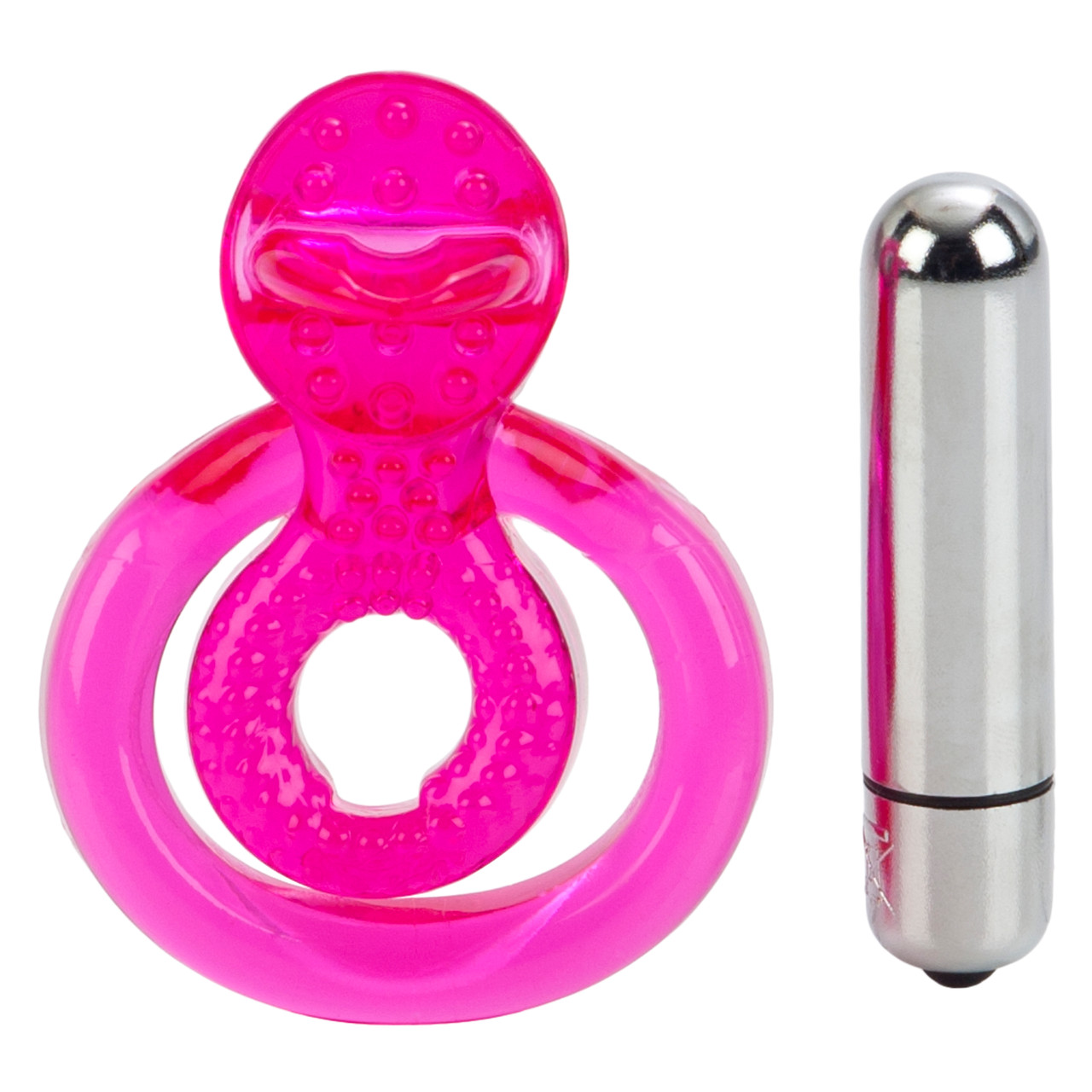 Dual Clit Flicker is a waterproof vibrating cock ring from California Exotic Novelties. Dual support for him plus amazing vibrations and flickering tongue for her. Powerful removable push button stimulator. Soft and stretchy. Uses powerful N size battery