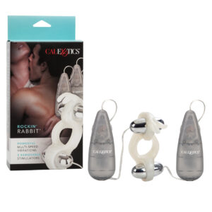 Rockin Rabbit Vibrating Cock Ring from California Exotic Novelties. Enjoy unlimited frisky fun with the erotic Rockin Rabbit. The sleek and discreet erection enhancer boasts two power packed stimulators for mind blowing ecstasy. The easy to use