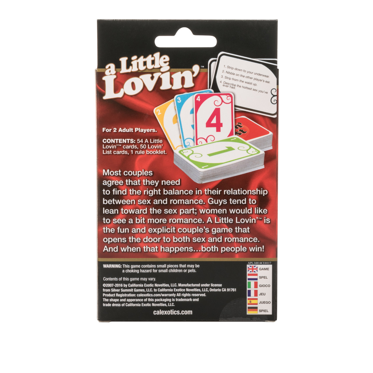 A Little Lovin Game for 2 adult players from California Exotic Novelties. The Fun To Play Romance Your Day Adult Couples Game. Explore new ways of seduction with A Little Lovin Game. The fun adult coupleâs game is made for serious lovers and is designed