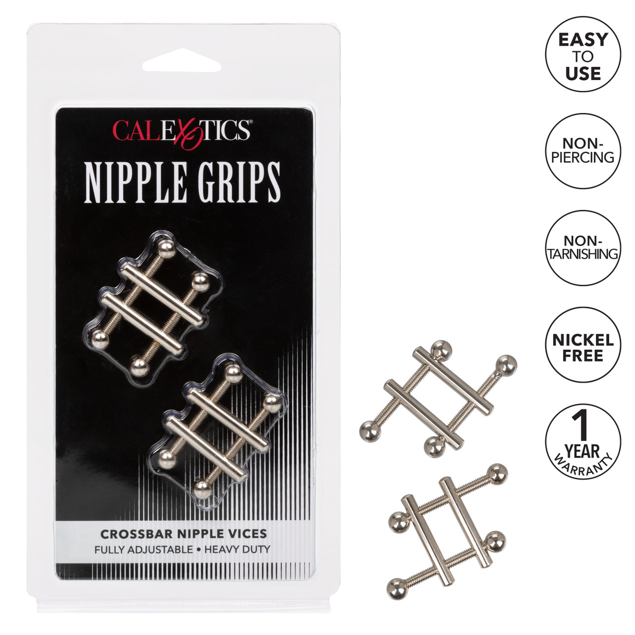 Nipple Grips Crossbar Nipple Vices from California Exotic Novelties. The Nipple Grips Crossbar Nipple Vices are designed for powerful nipple play. Twist the twin screws and allow the dual cross bars to get tighter and tighter on your nipples for an incred