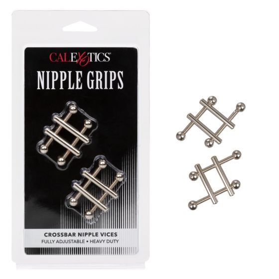 Nipple Grips Crossbar Nipple Vices from California Exotic Novelties. The Nipple Grips Crossbar Nipple Vices are designed for powerful nipple play. Twist the twin screws and allow the dual cross bars to get tighter and tighter on your nipples for an incred