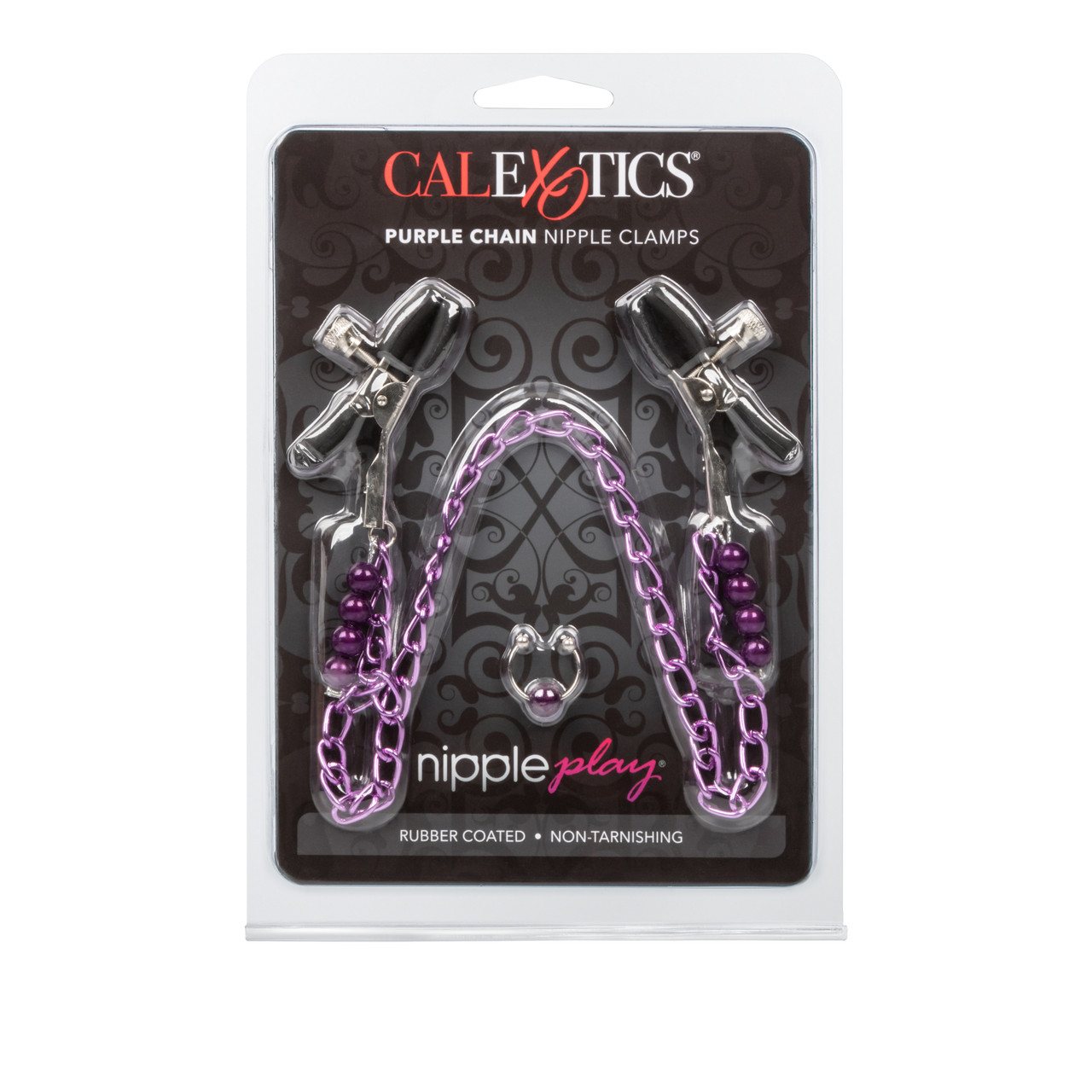 Nipple Clamps Purple Chain with Navel Ring is a matching set of body jewelry. Totally adjustable rubber coated nipple clamps with a non-tarnishing purple chain and purple bead navel ring. Adjustable nipple clamps are easy to change pinch