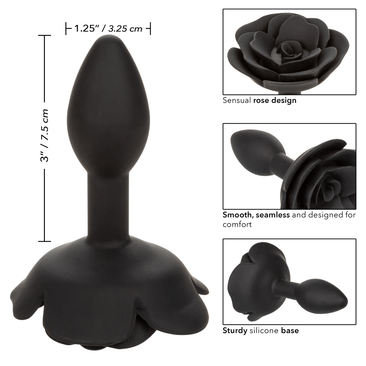 Forbidden Small Rose Anal Plug Silicone Black from California Exotic Novelties. Experience pleasure and style with the Forbidden Small Rose Anal Plug. Made from body safe Silicone