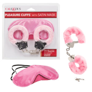 Pleasure Cuffs with Satin Mask from California Exotic Novelties. Satisfy your kinky desires with the Pleasure Cuffs with Satin Mask. The sensuously contoured mask is designed to heighten seduction pleasure during intimate play. Double the erotic fun by we
