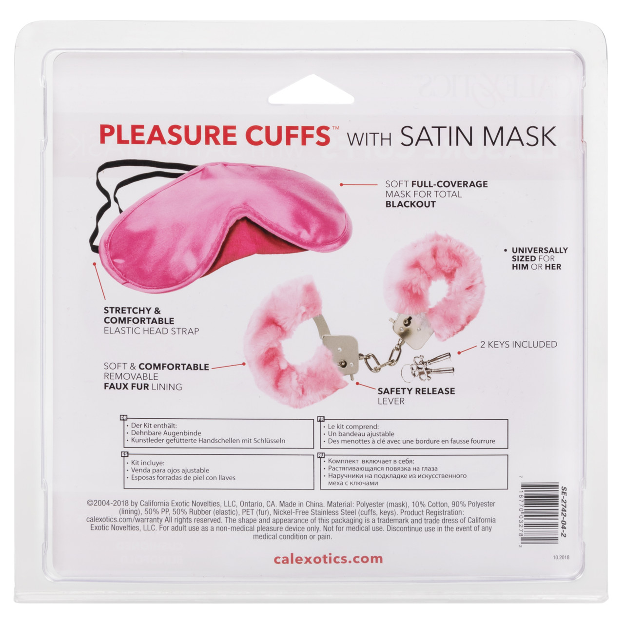 Pleasure Cuffs with Satin Mask from California Exotic Novelties. Satisfy your kinky desires with the Pleasure Cuffs with Satin Mask. The sensuously contoured mask is designed to heighten seduction pleasure during intimate play. Double the erotic fun by we