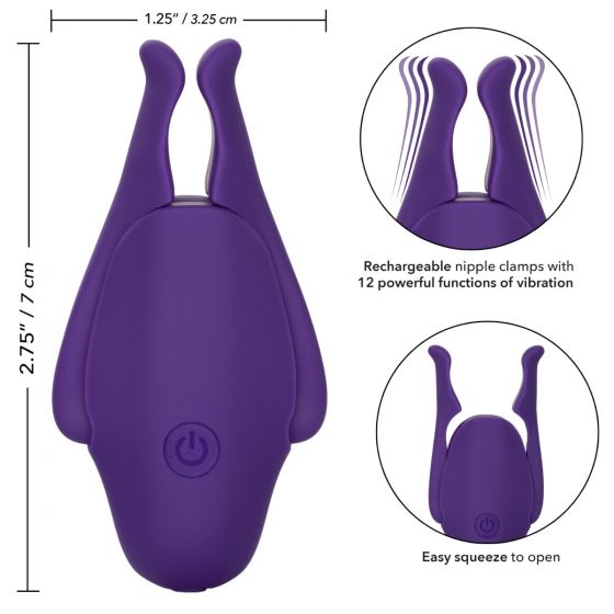 Nipple Play Rechargeable Nipplettes Purple from California Exotic Novelties. Blur the borders between pleasure and pain even further with the game changing Nipple Play Rechargeable Nipplettes. This daring designer nipple clamp set features 12 independentl