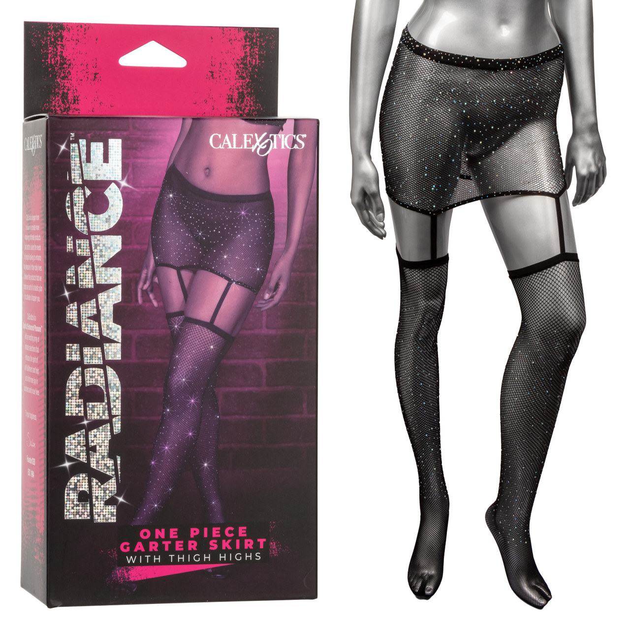 Radiance 1 Piece Garter Skirt with Thigh High Stockings from California Exotic Novelties. Introducing the captivating Radiance One Piece Garter Skirt with Thigh Highs