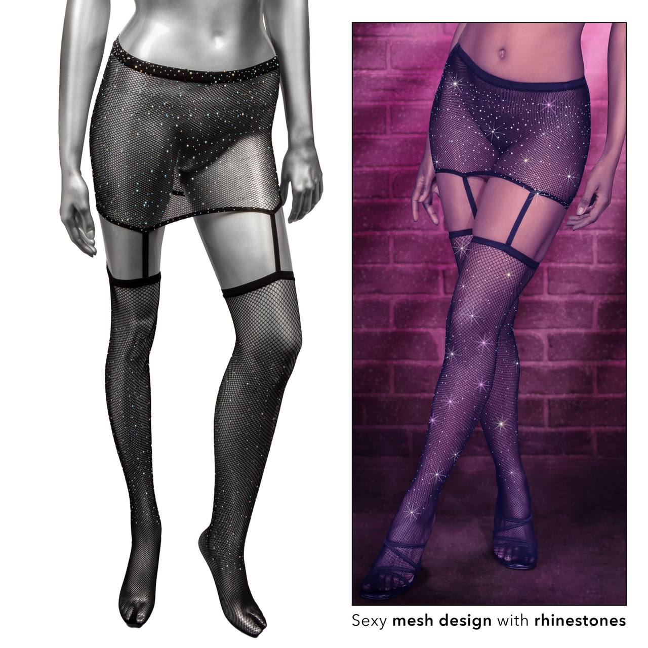 Radiance 1 Piece Garter Skirt with Thigh High Stockings from California Exotic Novelties. Introducing the captivating Radiance One Piece Garter Skirt with Thigh Highs