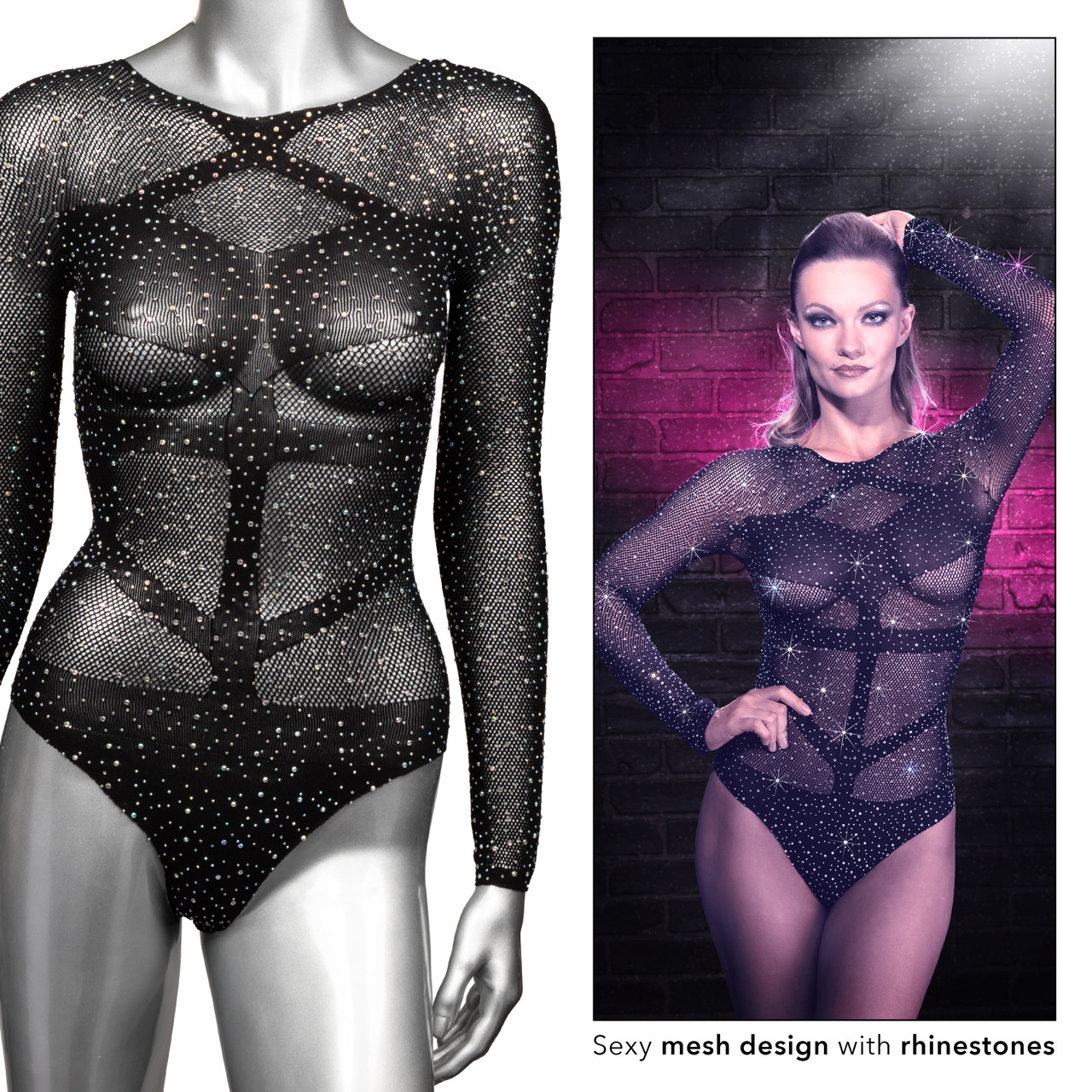 Radiance Long Sleeve LS Bodysuit from California Exotic Novelties. Watch your lover melt at the sight of you in the sparkling Radiance Long Sleeve Body Suit. The playful Mesh Bodysuit wraps your curves in a soft