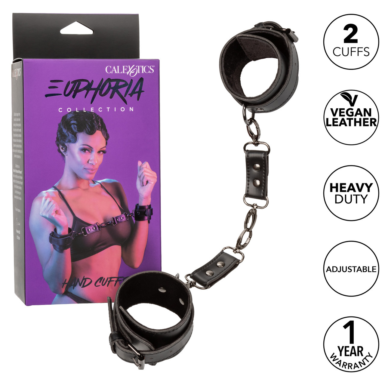 Euphoria Handcuffs from California Exotic Novelties. Experience the captivating allure of restraint play with the Euphoria Collection Hand Cuffs. This exquisite set includes two wrist restraints that perfectly blend functionality with contemporary design