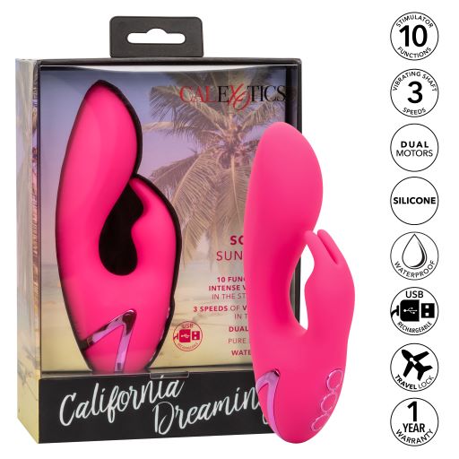 California Dreaming So. Cal Sunshine Pink Rabbit Style Vibrator from California Exotic Novelties. Indulge in wave after wave of pleasure as this compact California Dreaming So. Cal Sunshine vibes against your most sensual sweet spots. The 10 intense vibra