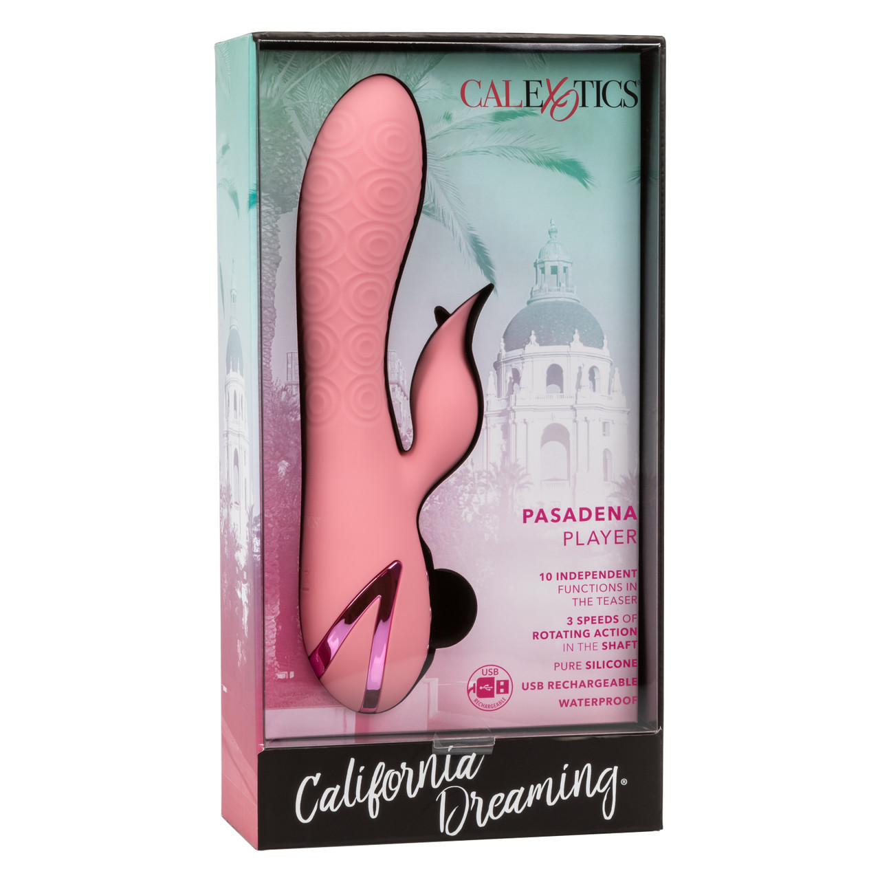 California Dreaming Pasadena Player Pink Rabbit Vibrator from California Exotic Novelties. Give into the beauty of pleasure with the perfectly crafted California Dreaming Pasadena Player. The luxurious massager has 10 intense vibration functions